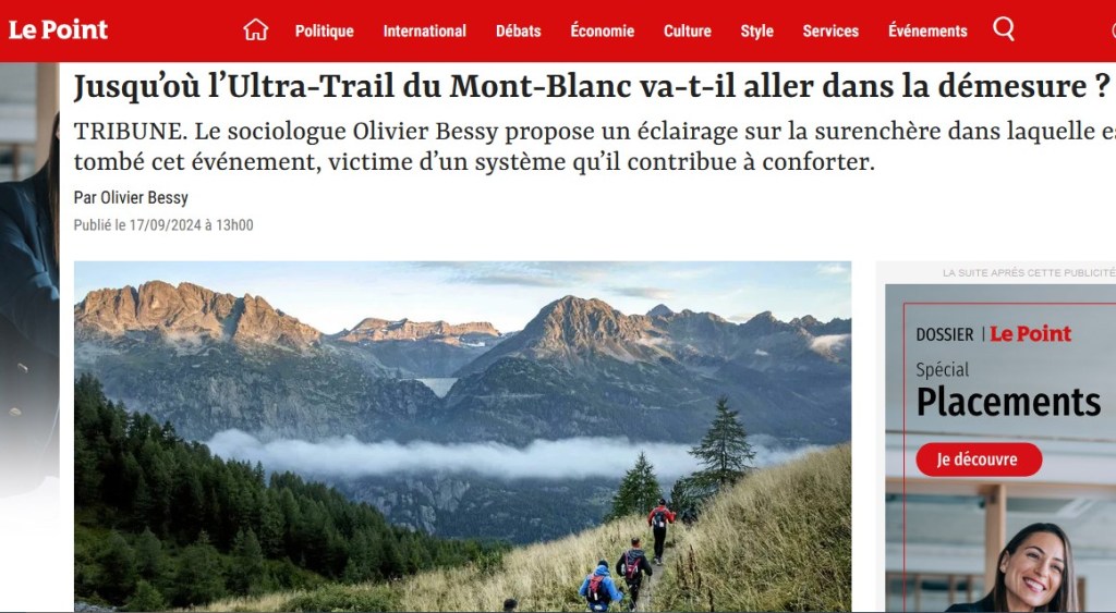 &laquo;&nbsp;Jusqu&rsquo;où l&rsquo;Ultra-trail du Mont-Blanc va-t-il aller dans la démesure ?&nbsp;&raquo; Le Point, 17 septembre&nbsp;2024